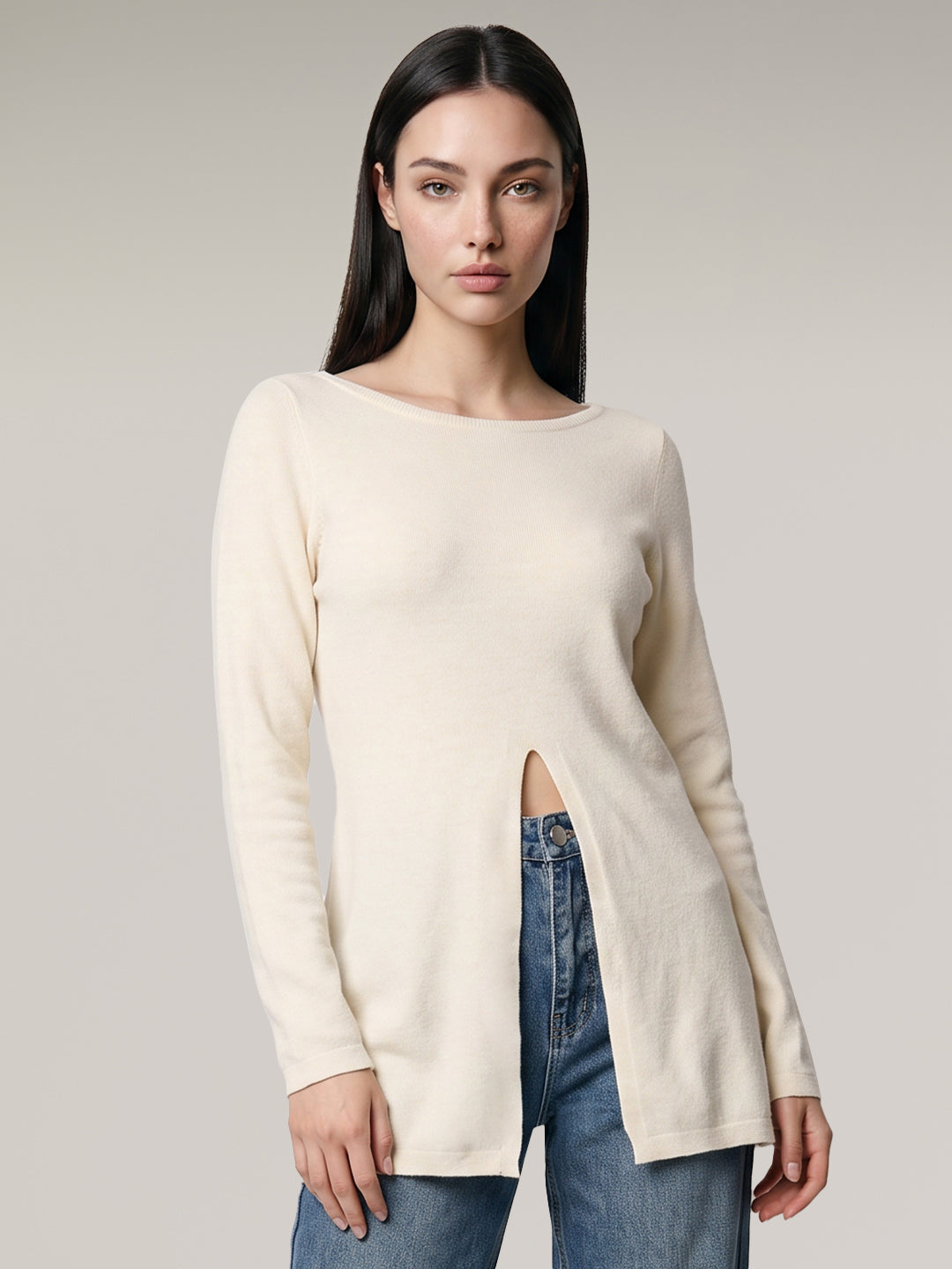 Beige Boatneck Wrap Pullover