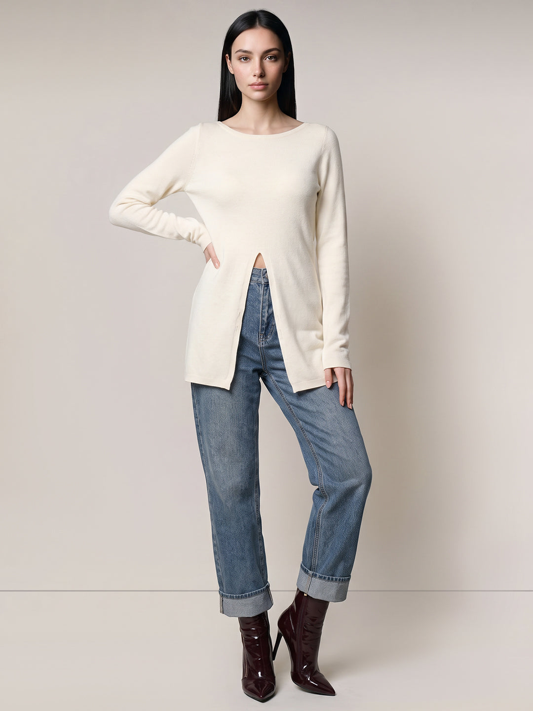Beige Boatneck Wrap Pullover