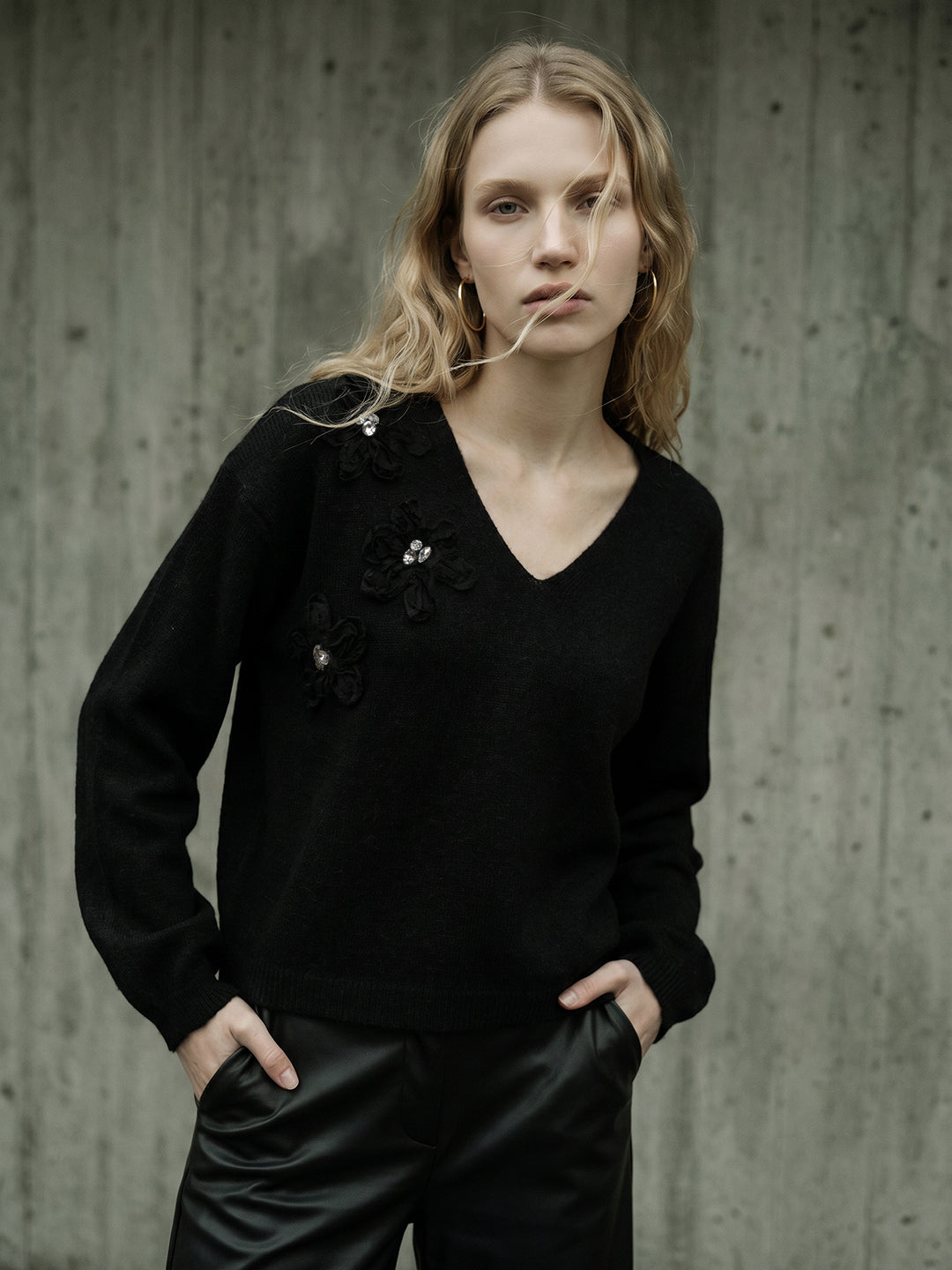 V-Neck Floral Applique Pullover