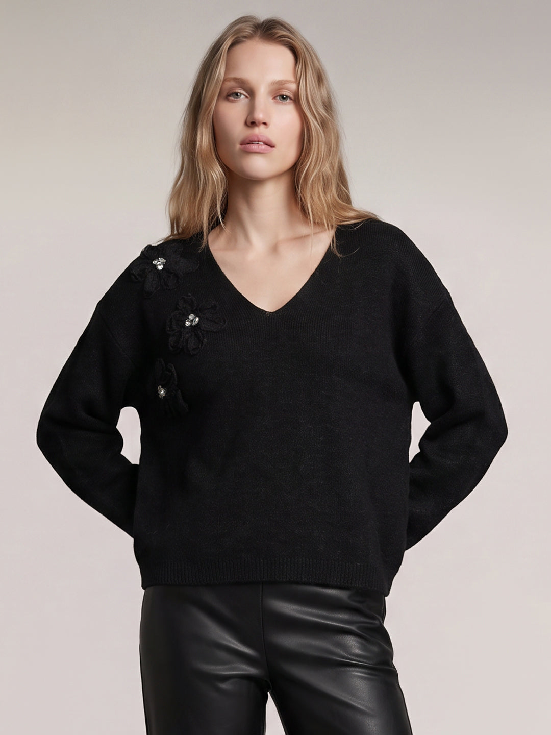 V-Neck Floral Applique Pullover