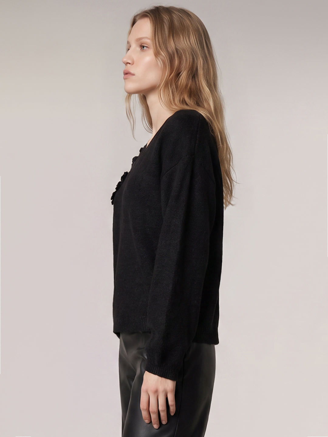V-Neck Floral Applique Pullover