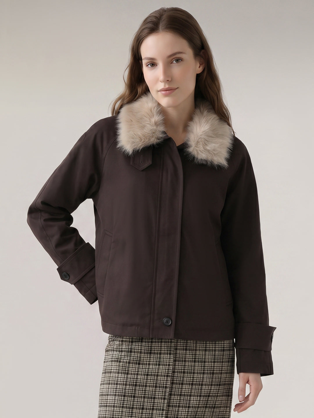 Brown Faux Fur High neck Jacket