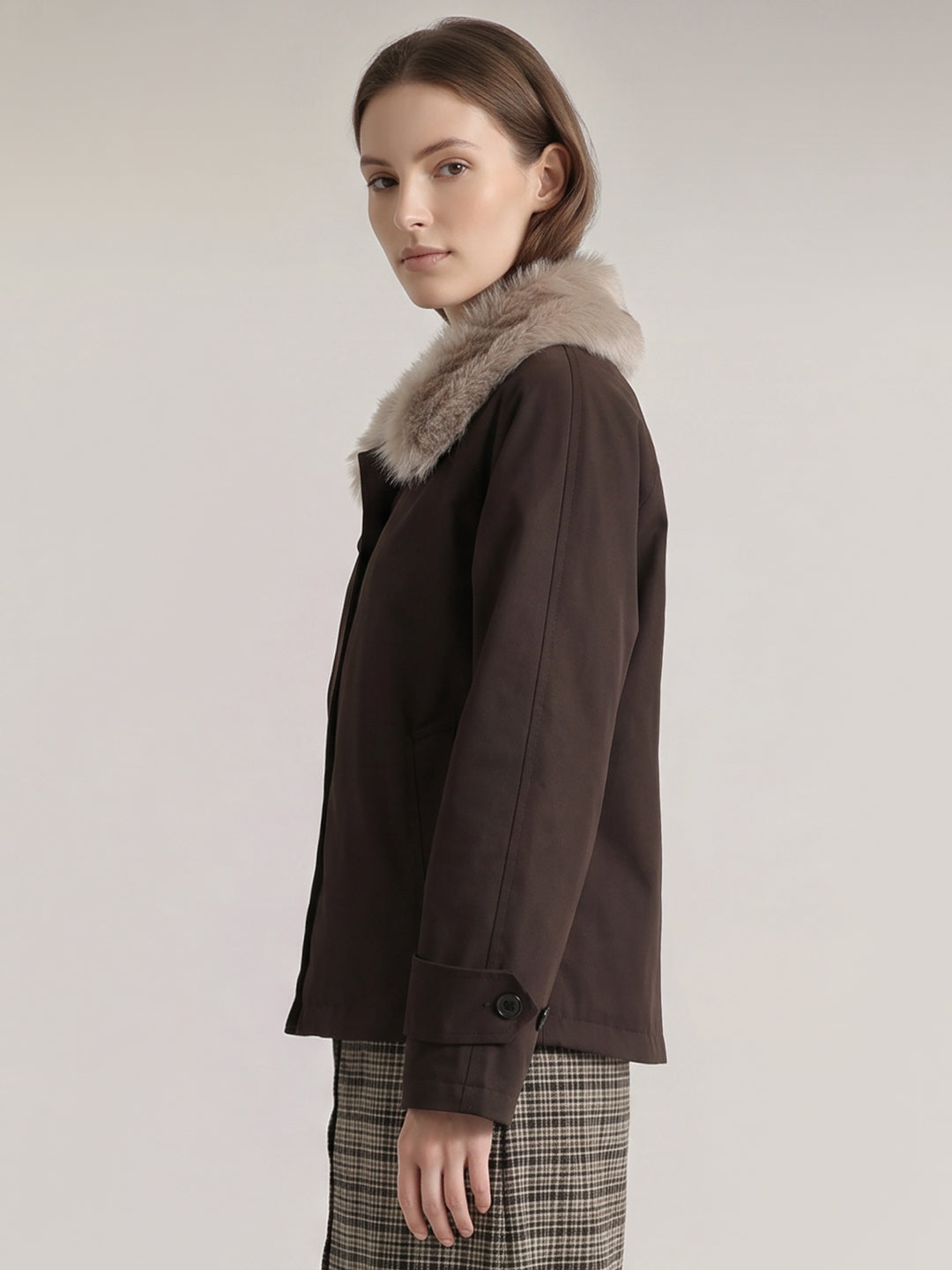 Brown Faux Fur High neck Jacket
