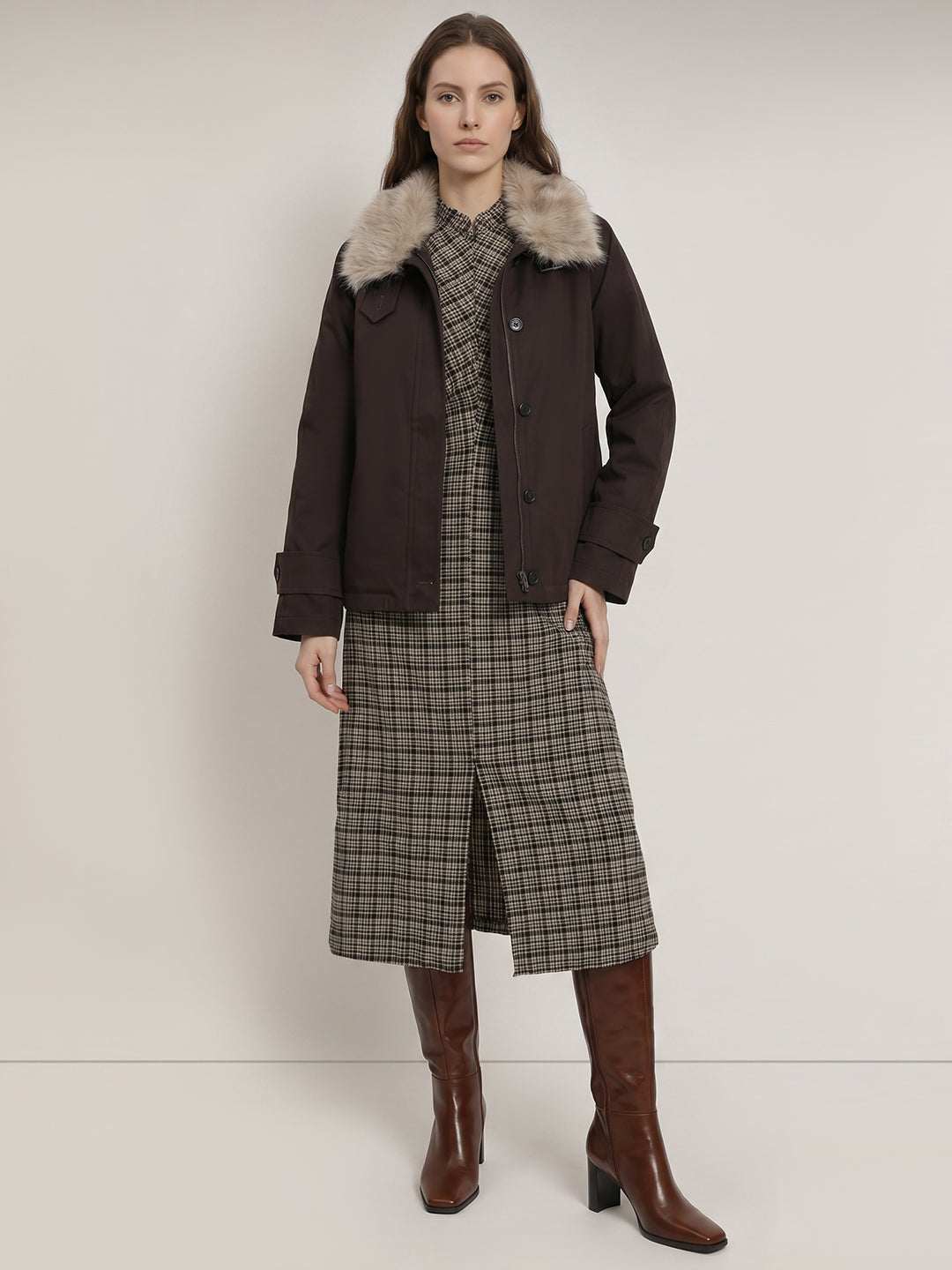 Brown Faux Fur High neck Jacket