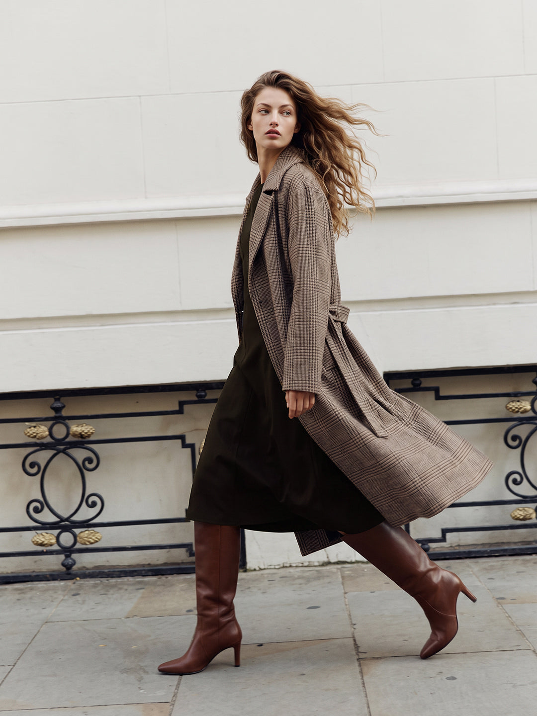 Long Wool Blend Check Coat