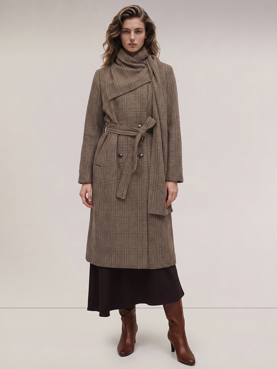 Long Wool Blend Check Coat