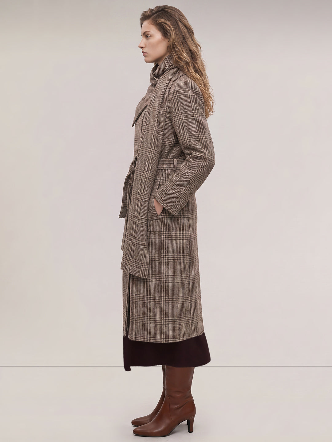 Long Wool Blend Check Coat