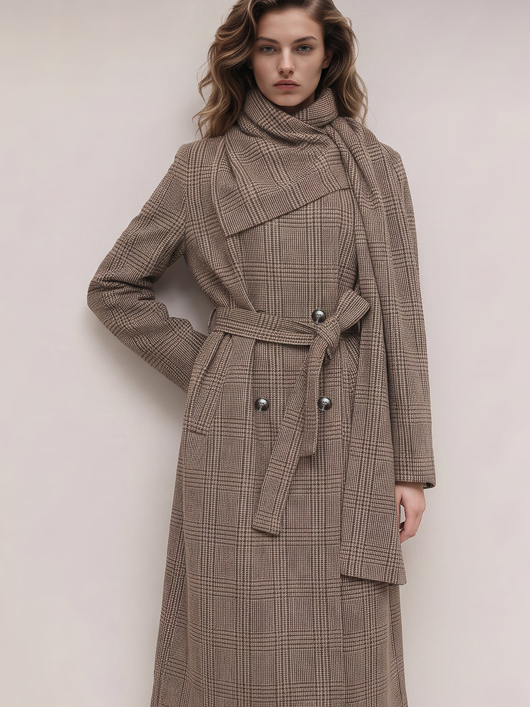 Long Wool Blend Check Coat