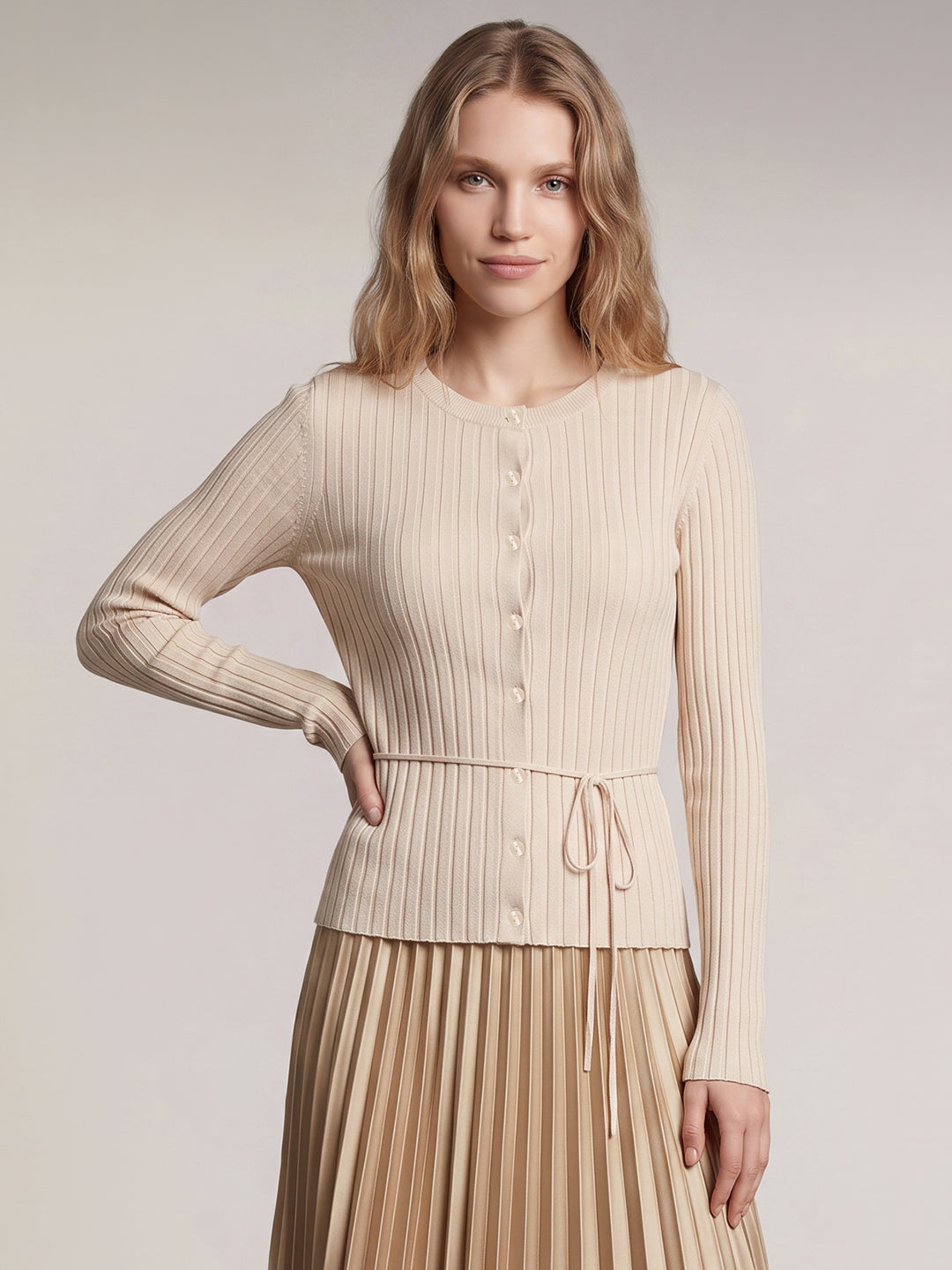 Beige O-Neck Cardigan