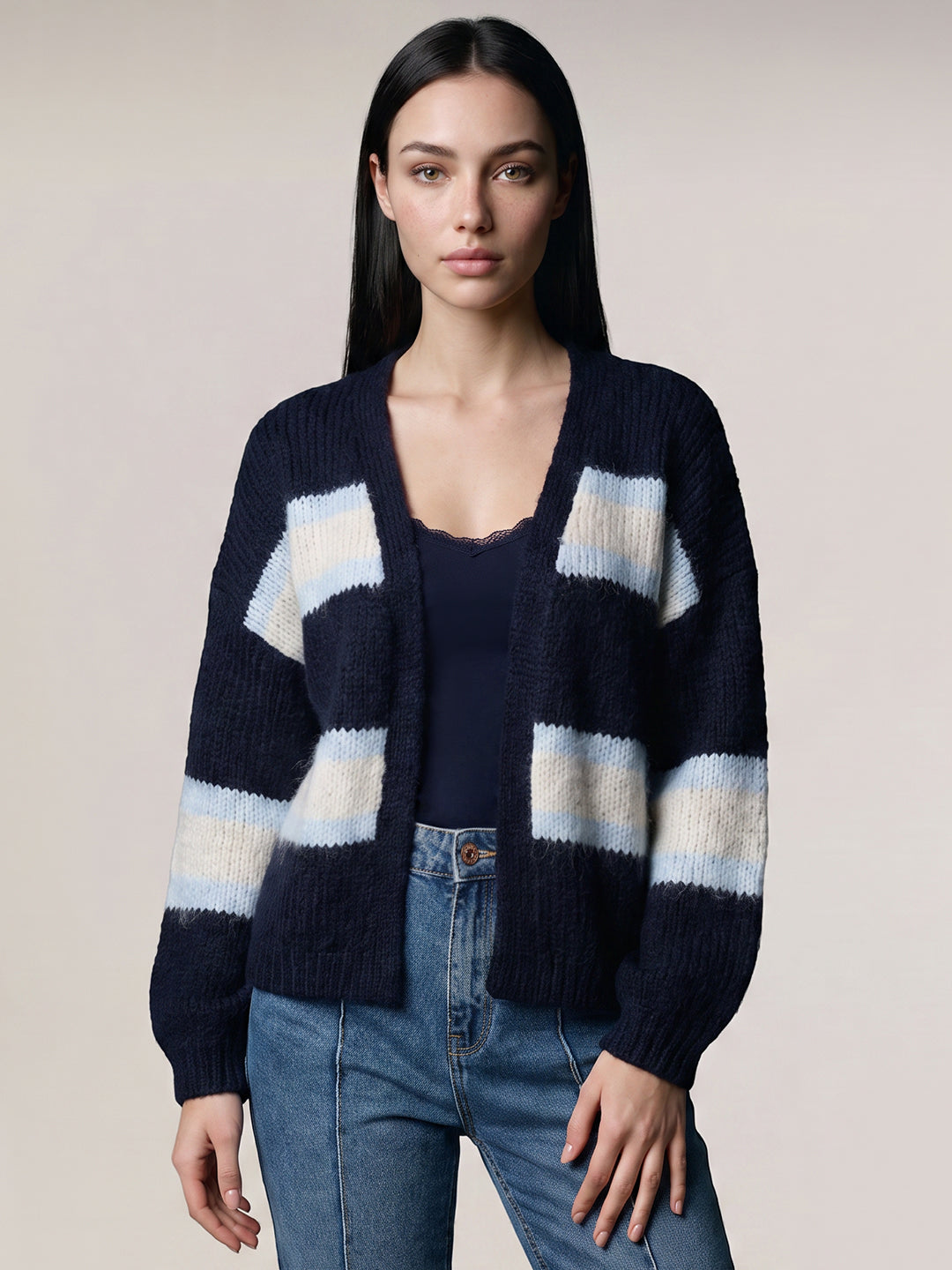 Navy Blue Striped Cardigan