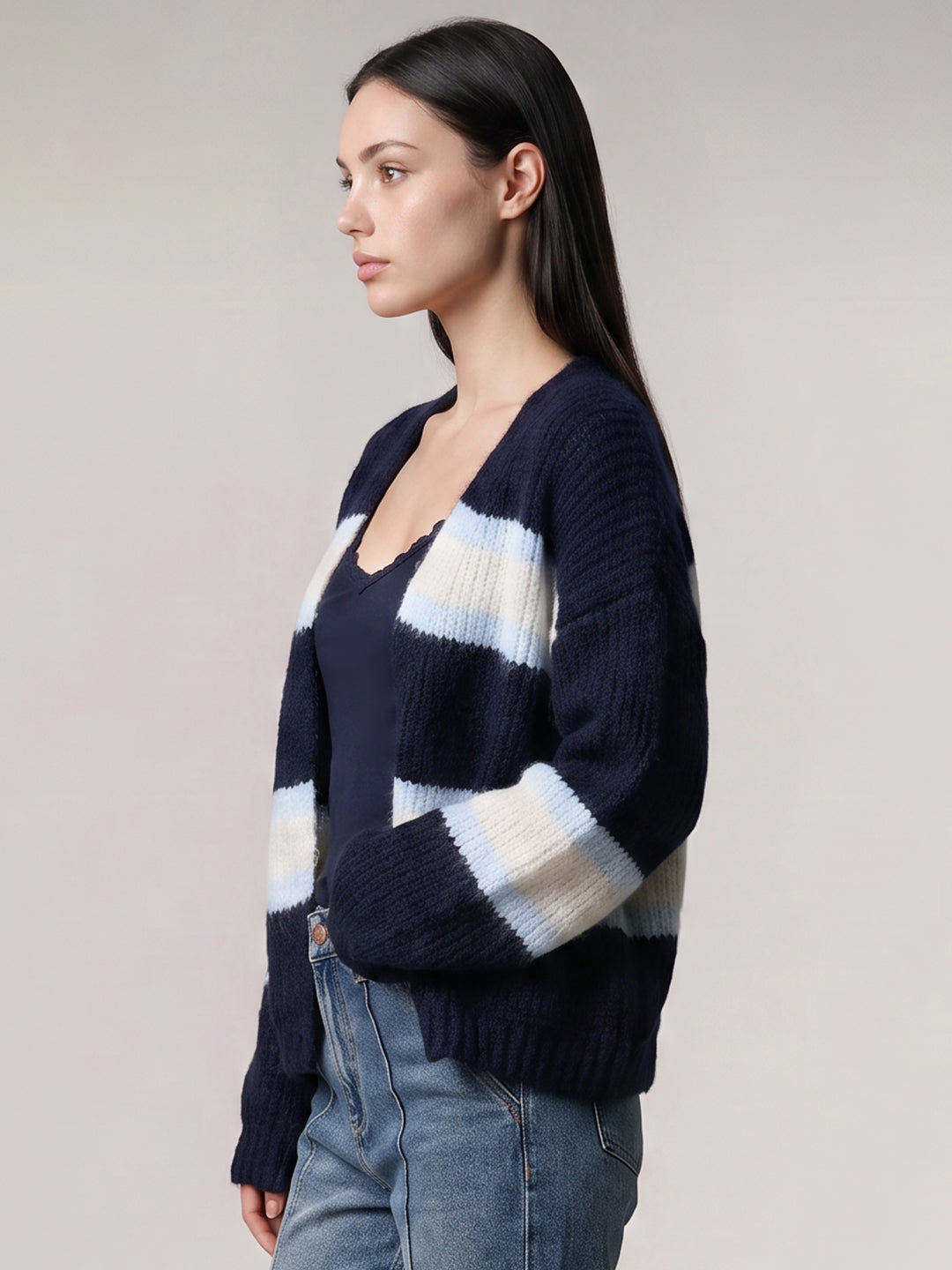 Navy Blue Striped Cardigan