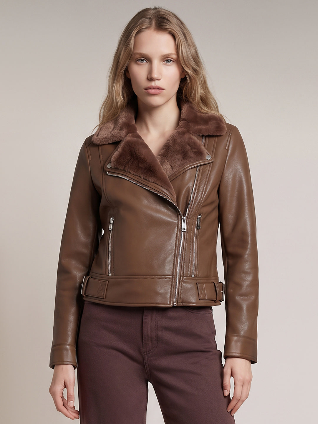 Brown Faux Fur Biker Jacket