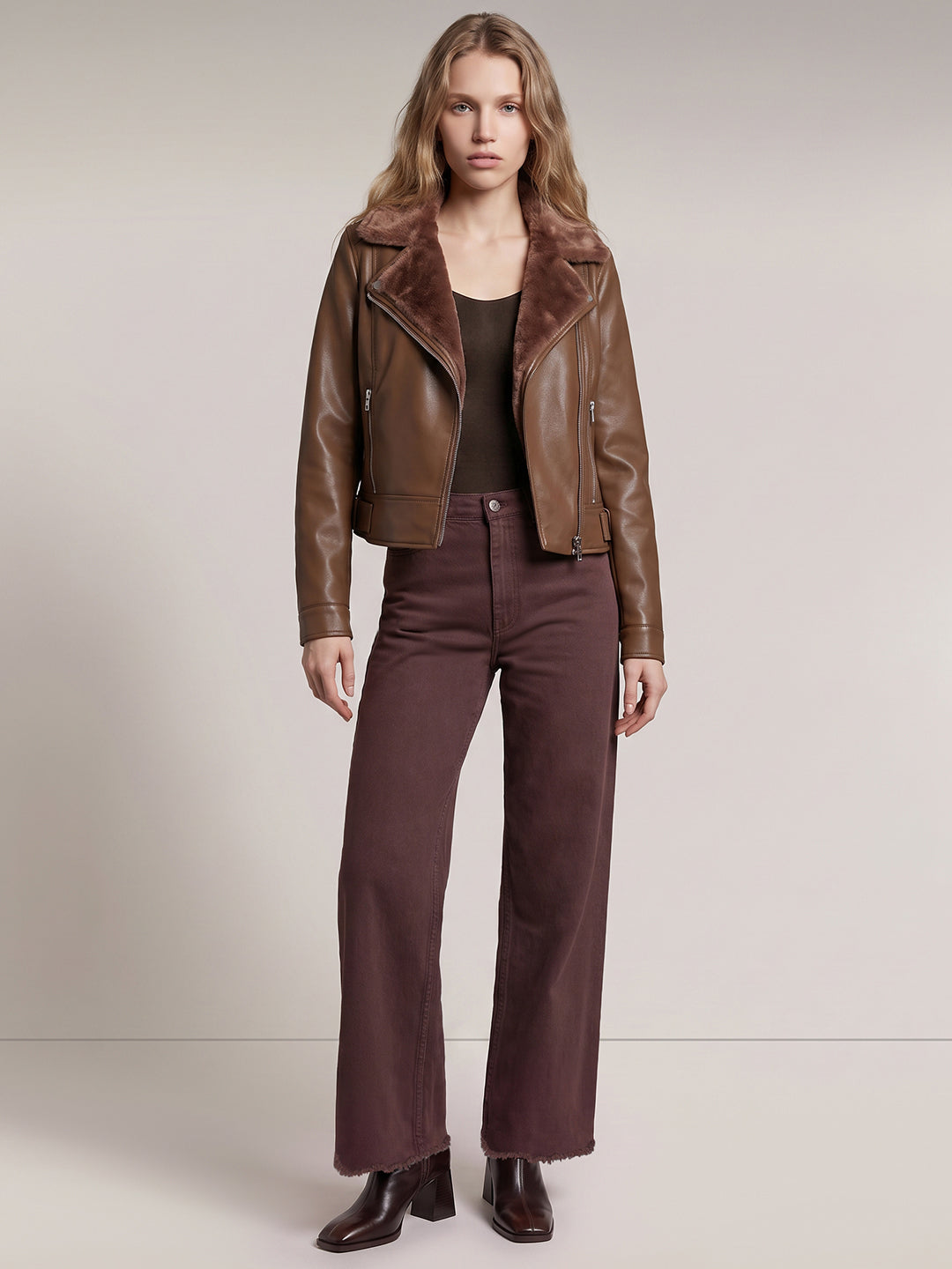 Brown Faux Fur Biker Jacket