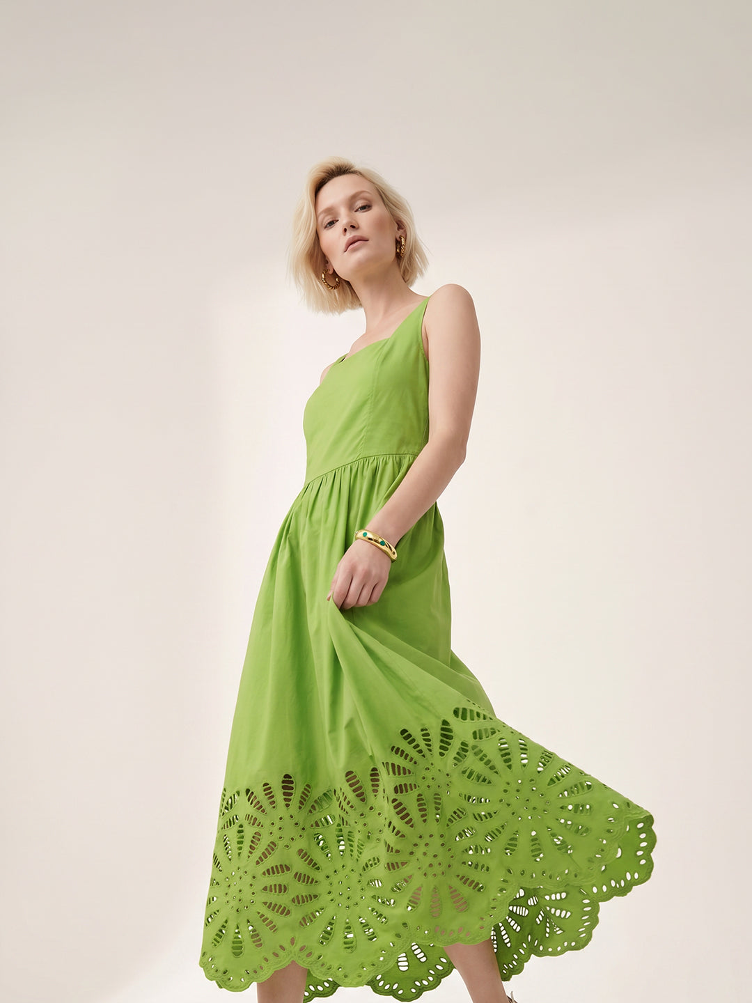 Green Cut-Work Midaxi Dress