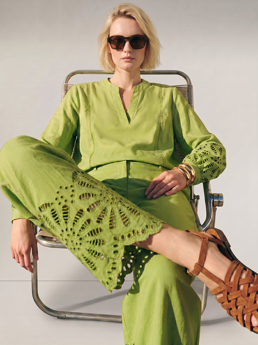 Green Cut-Work Cotton Pants