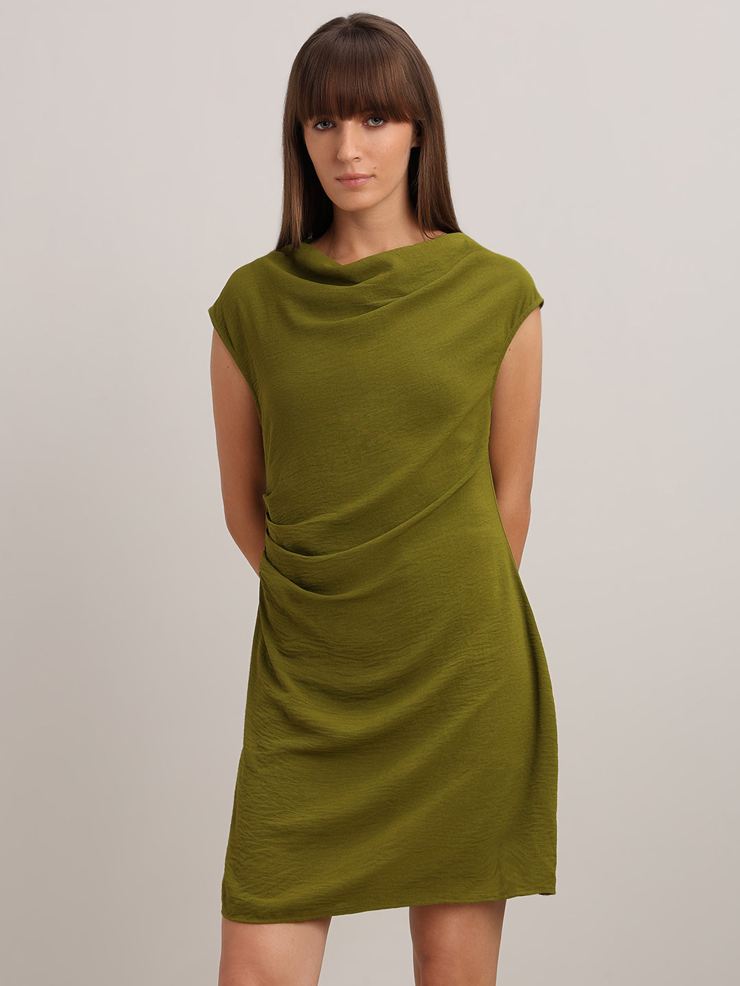 Olive Boat Neck Draped Dress