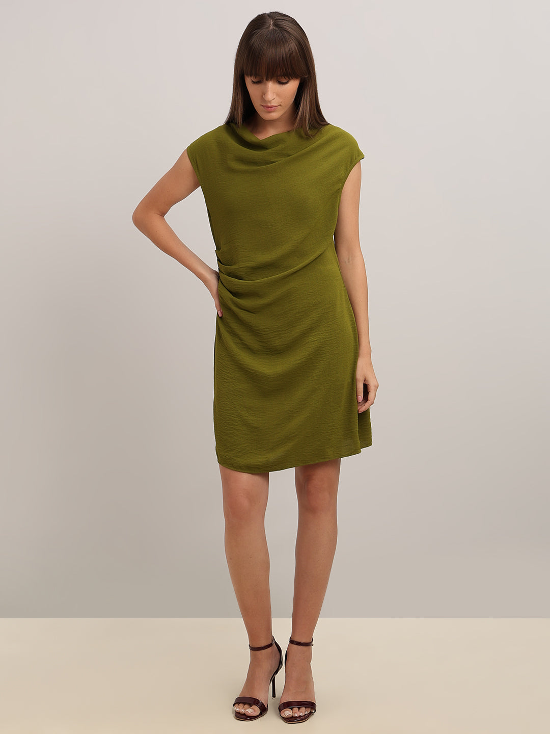 Olive Boat Neck Draped Dress
