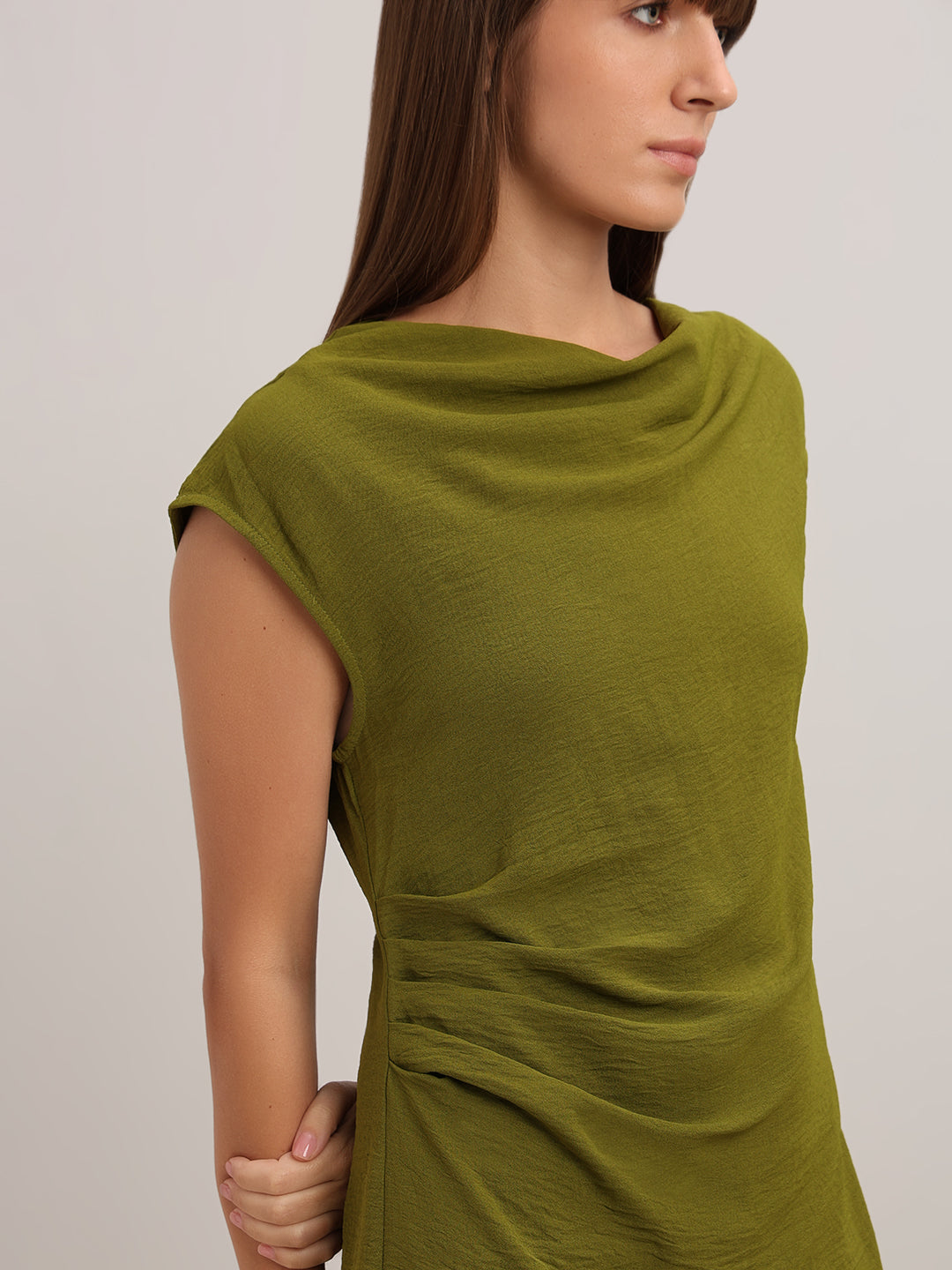 Olive Boat Neck Draped Dress