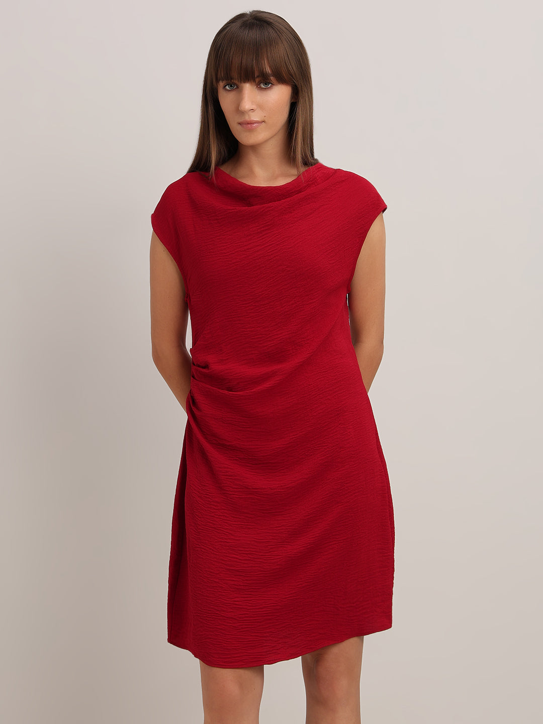 Red Boat Neck Draped Dress