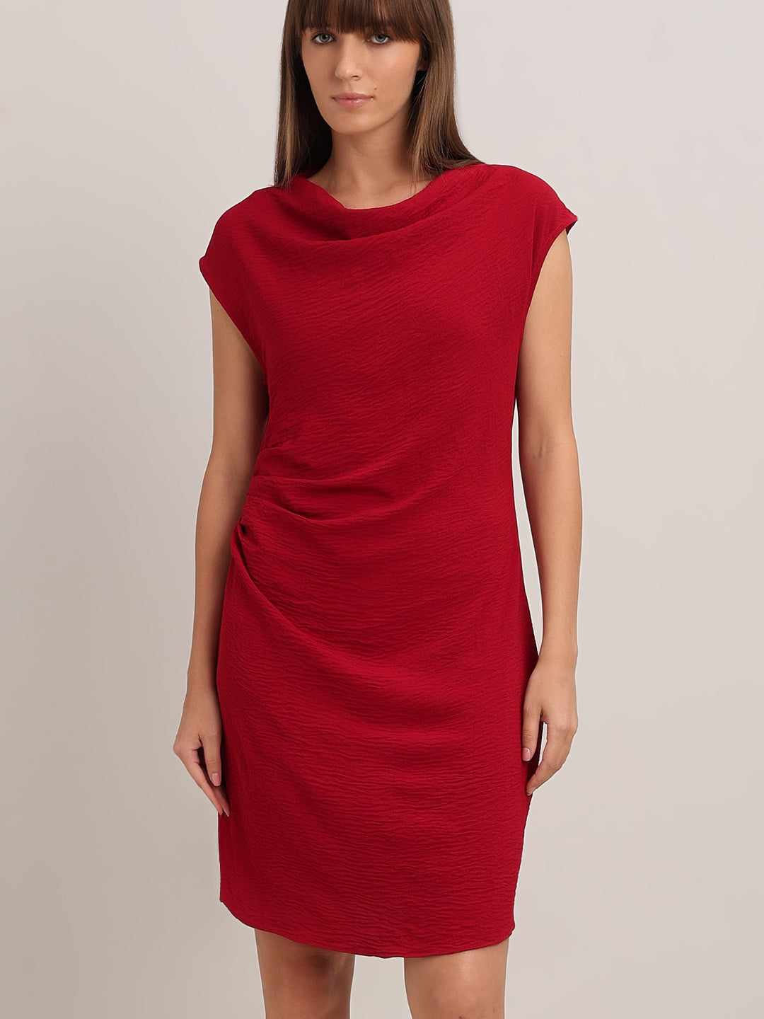 Red Boat Neck Draped Dress