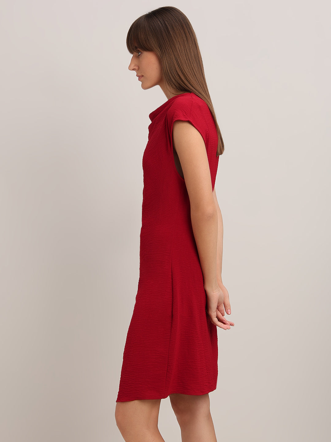 Red Boat Neck Draped Dress