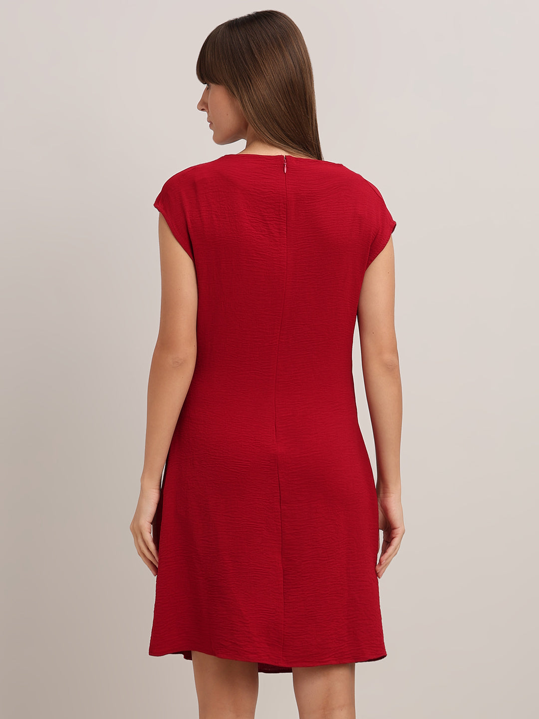 Red Boat Neck Draped Dress