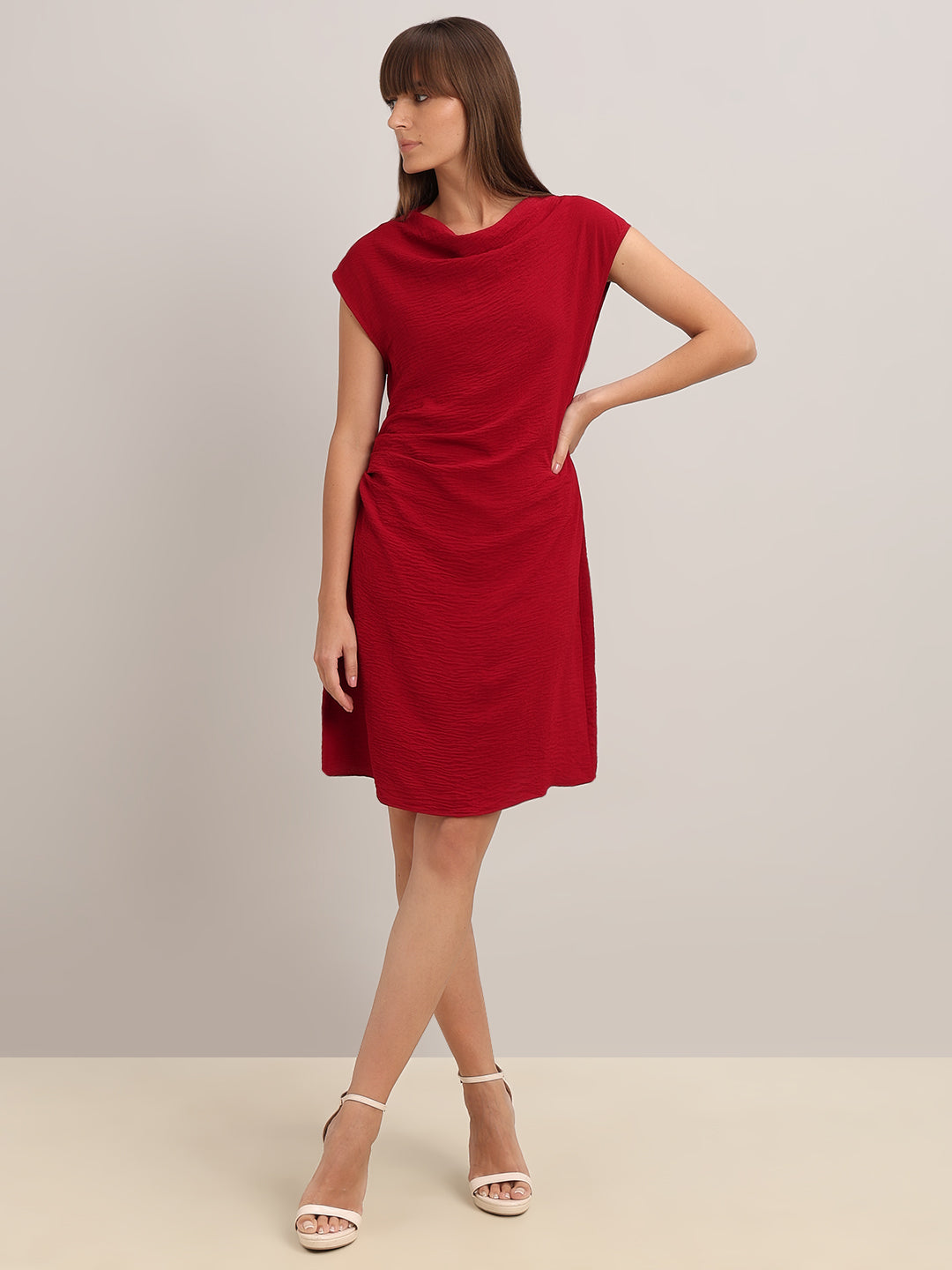 Red Boat Neck Draped Dress