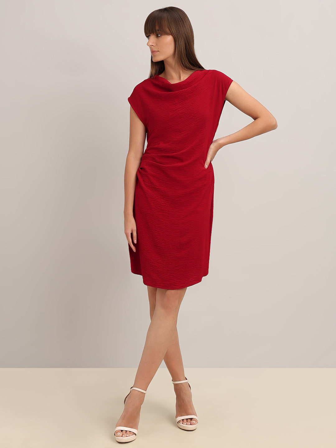 Red Boat Neck Draped Dress