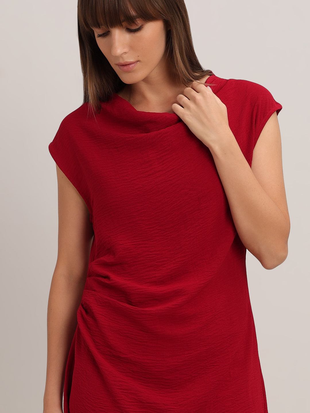 Red Boat Neck Draped Dress