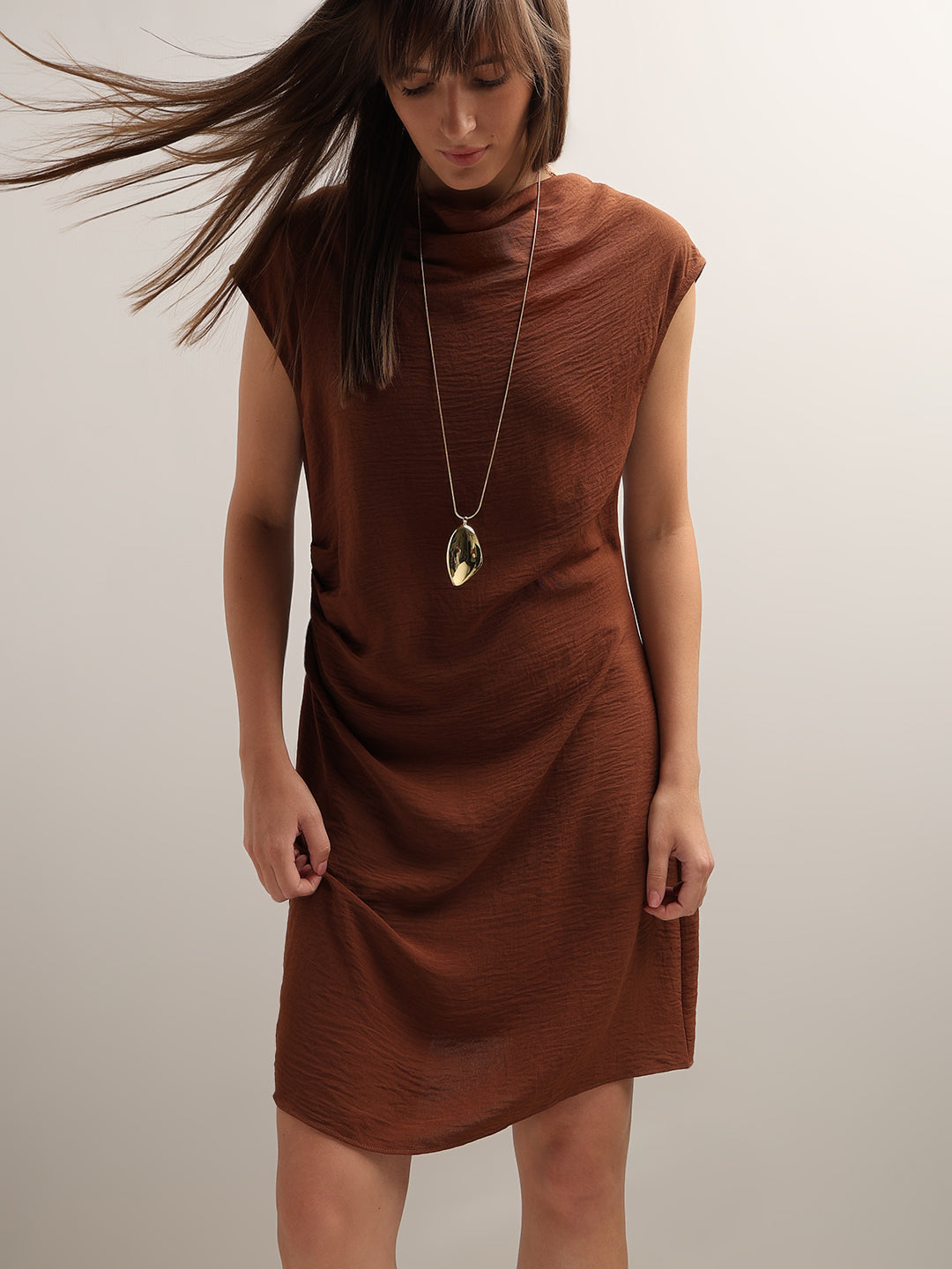 Brown Boat Neck Draped Dress