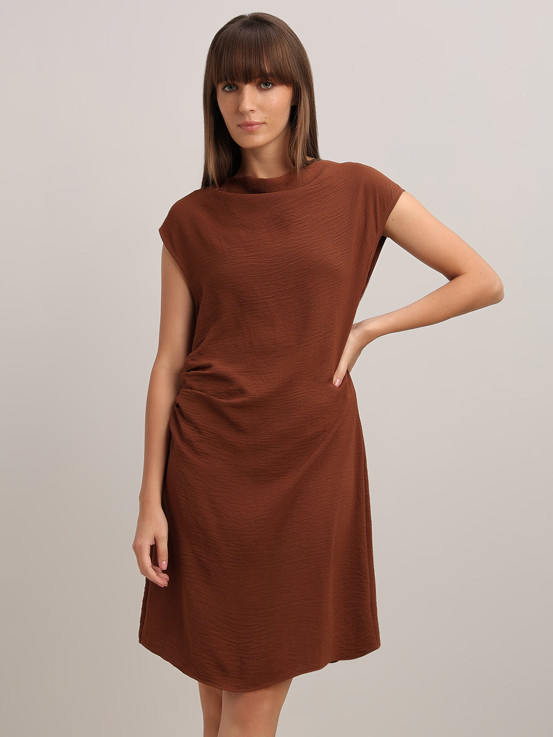 Brown Boat Neck Draped Dress