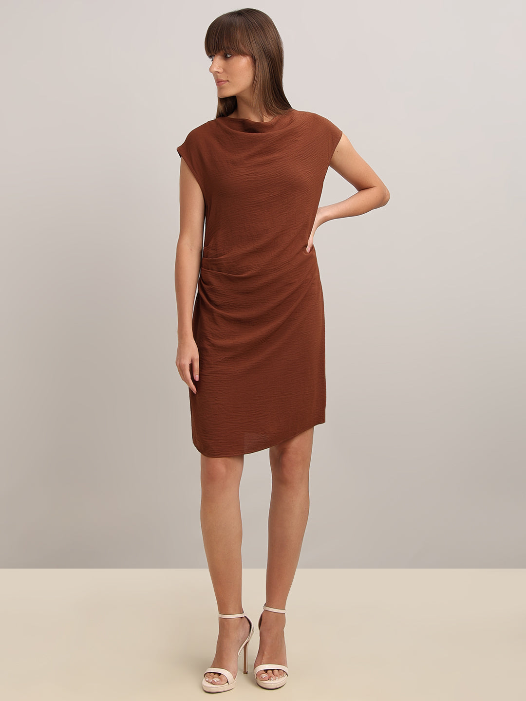 Brown Boat Neck Draped Dress