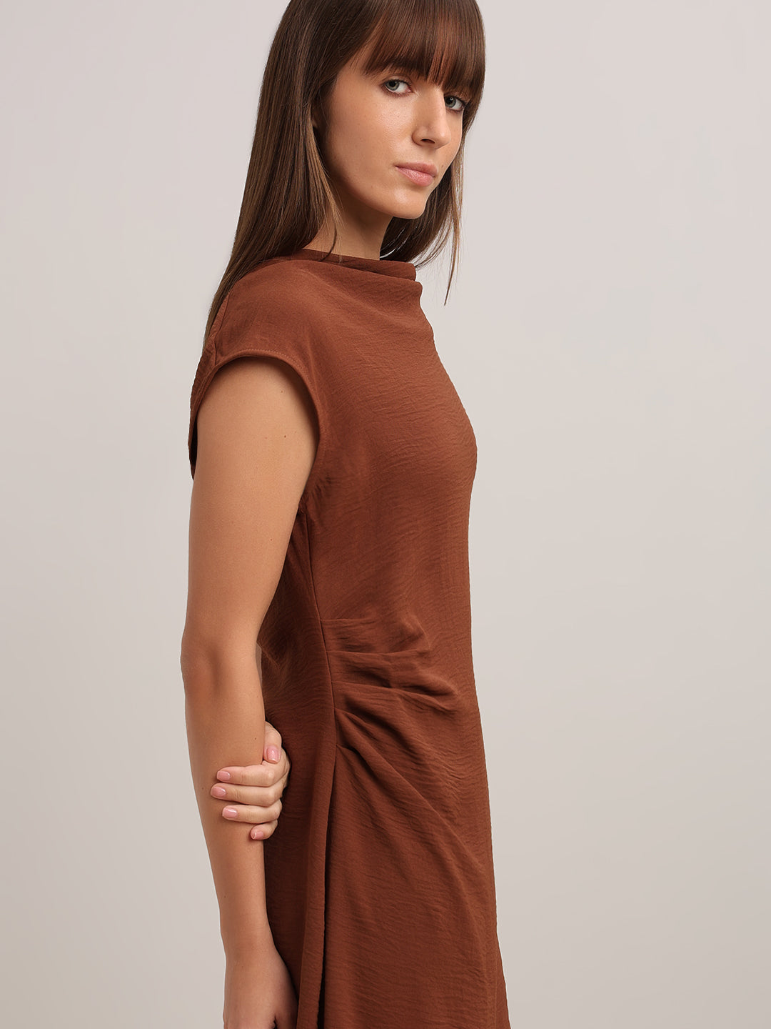 Brown Boat Neck Draped Dress