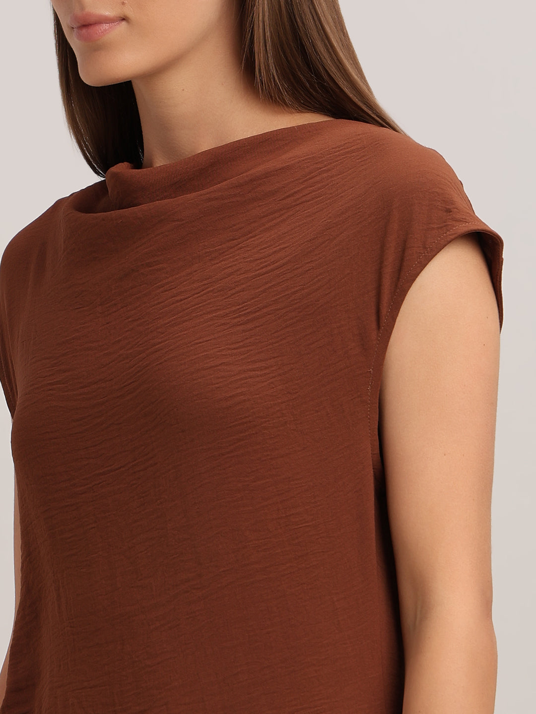 Brown Boat Neck Draped Dress