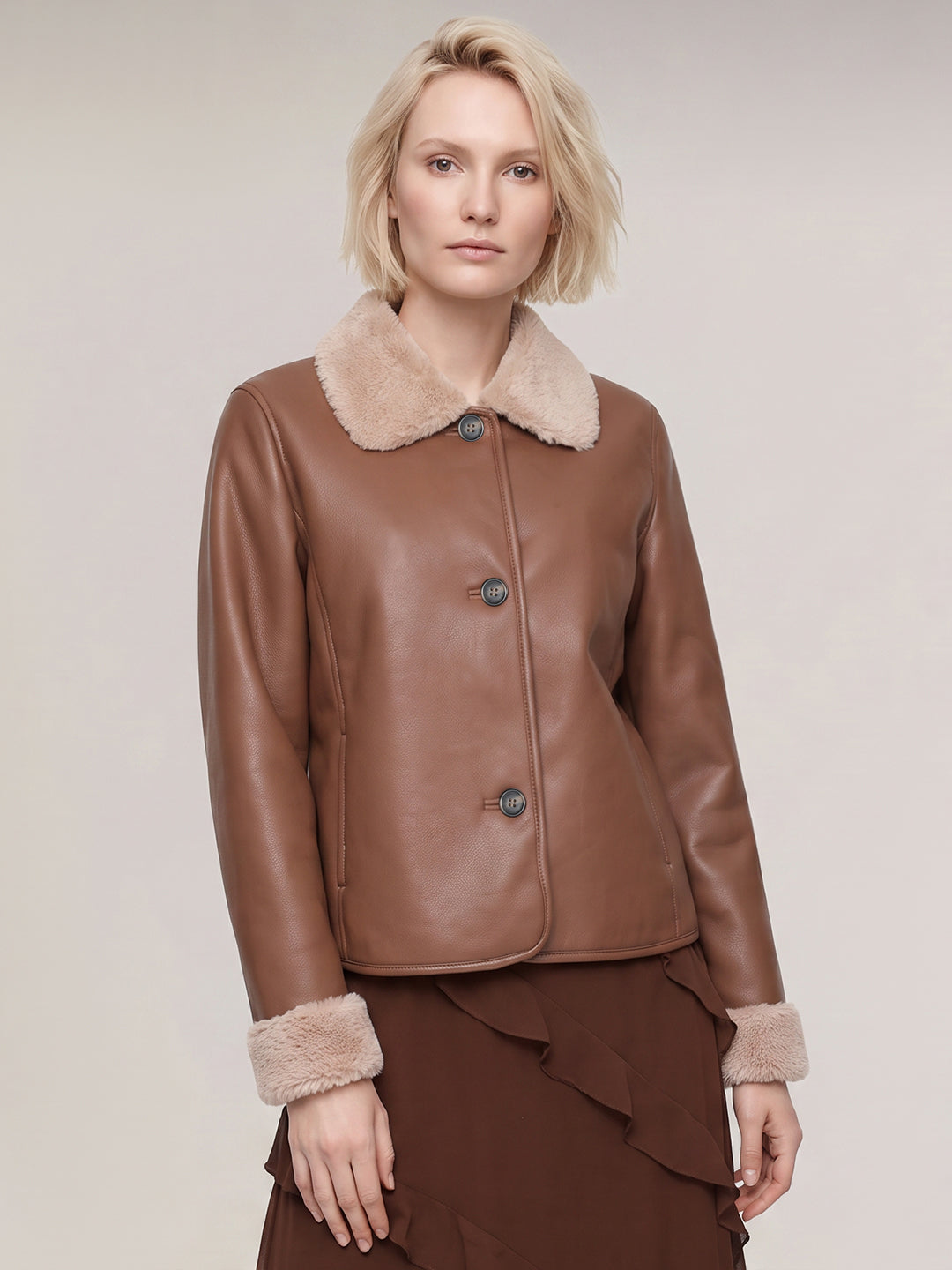 Brown Faux Fur Trim Jacket