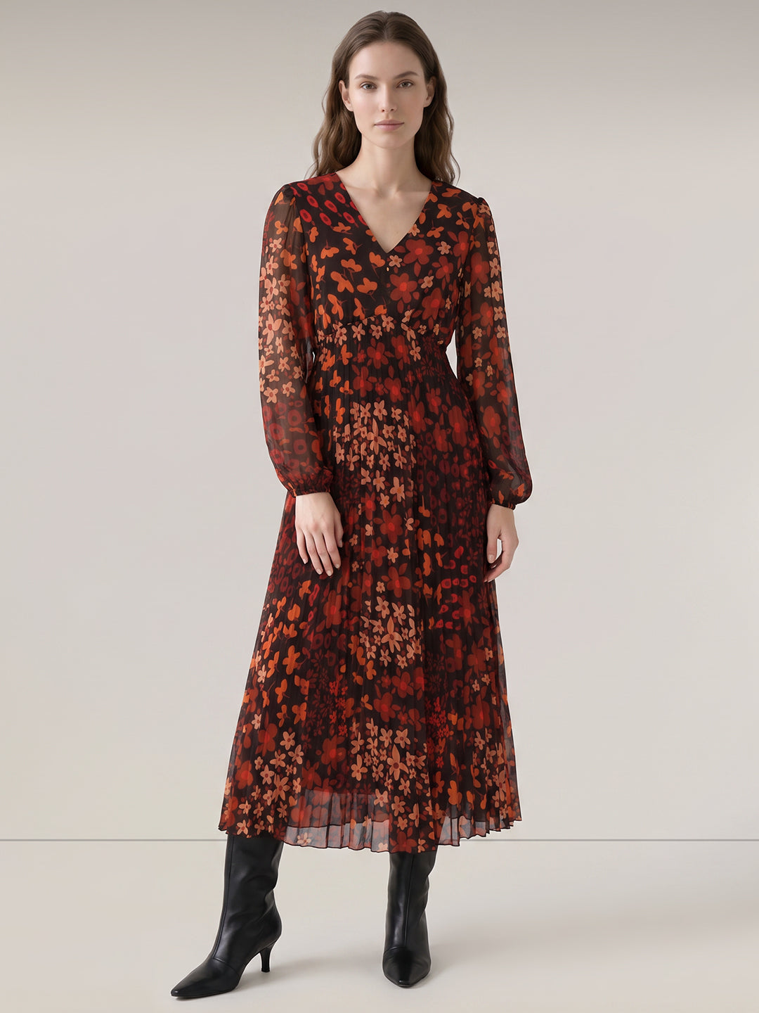 Red Floral Print Midi Dress