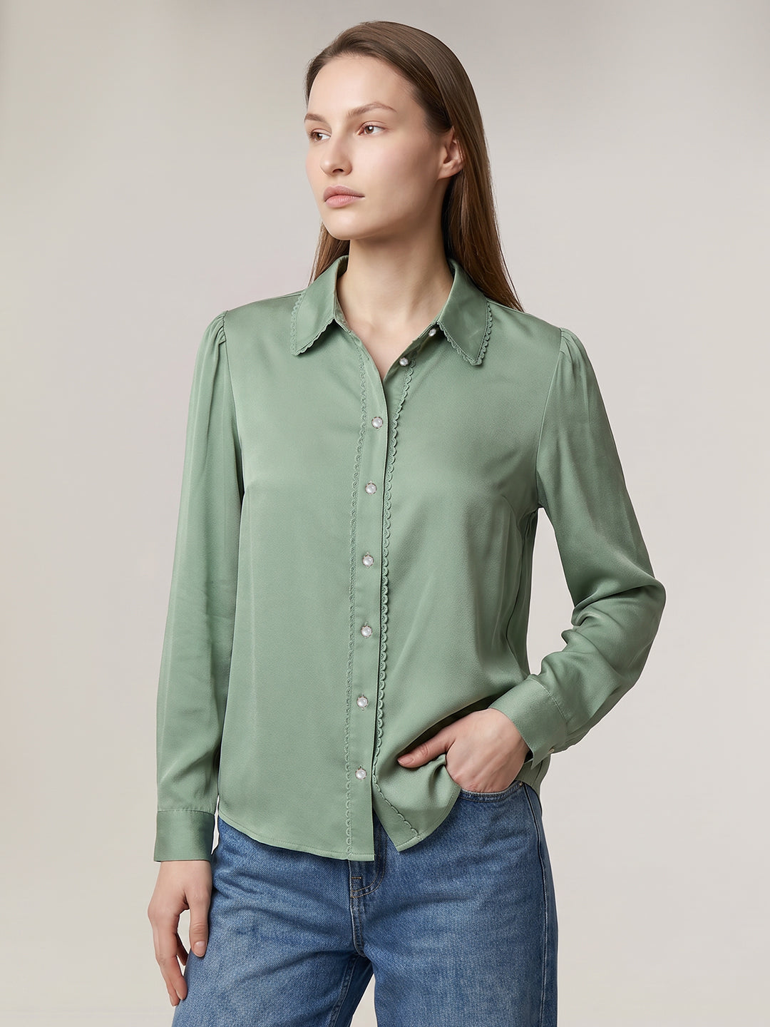 Green Pearl Button Detail Shirt