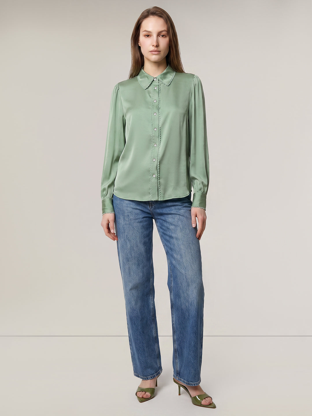 Green Pearl Button Detail Shirt