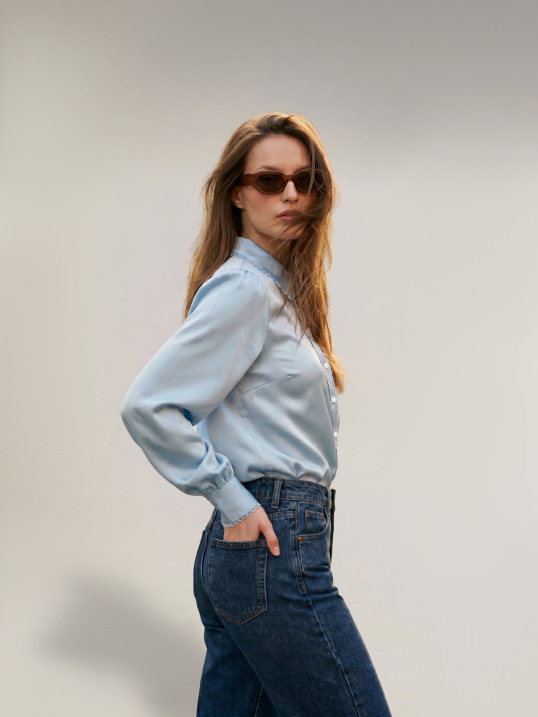 Blue Pearl Button Detail Shirt