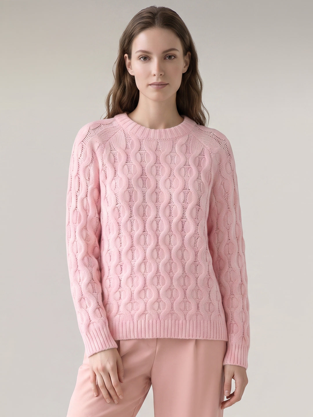 Pink Cable Knit O-Neck Pullover
