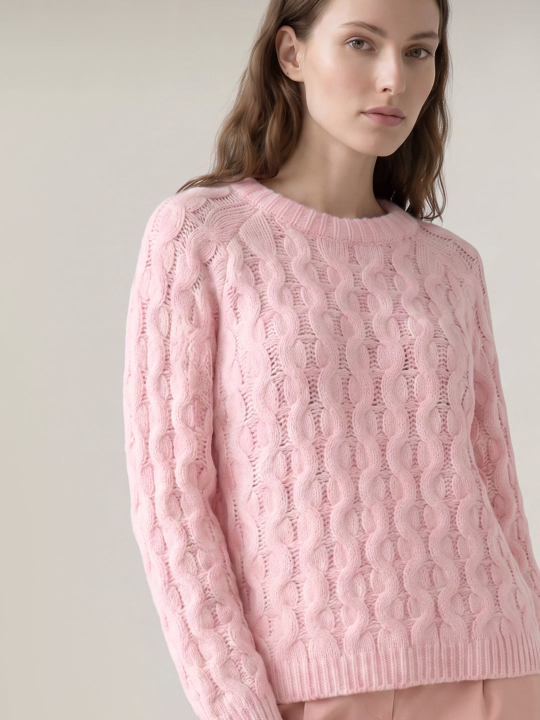 Pink Cable Knit O-Neck Pullover