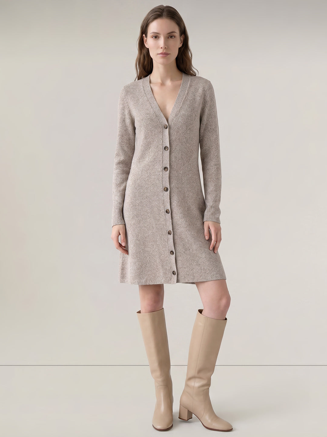 Knitted V-Neck Buttoned Dress