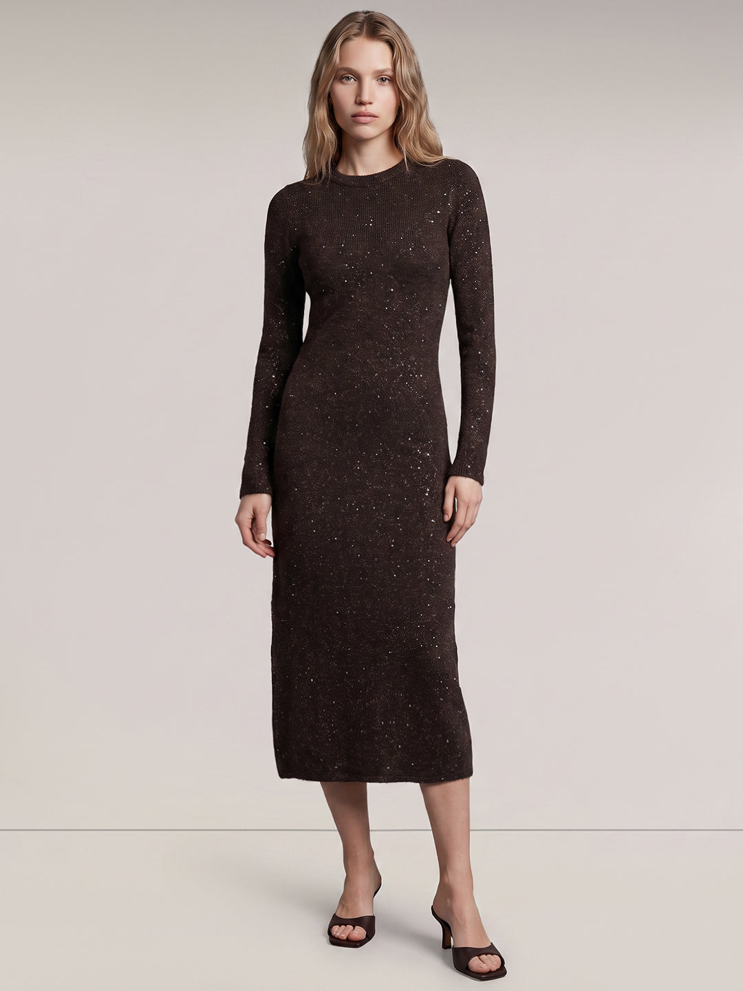 Dark Brown O-Neck Midi Dress