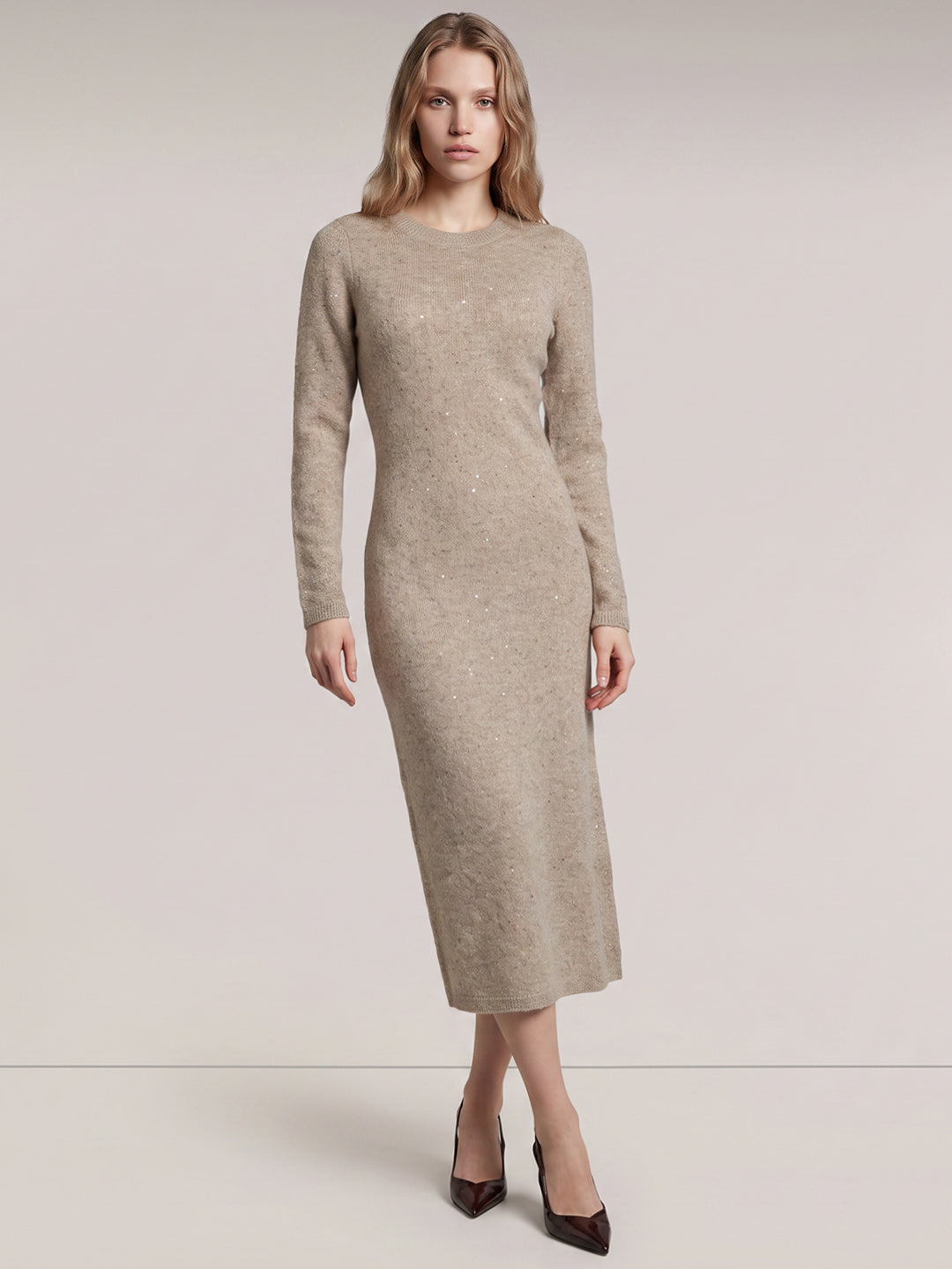 Light Beige O-Neck Midi Dress