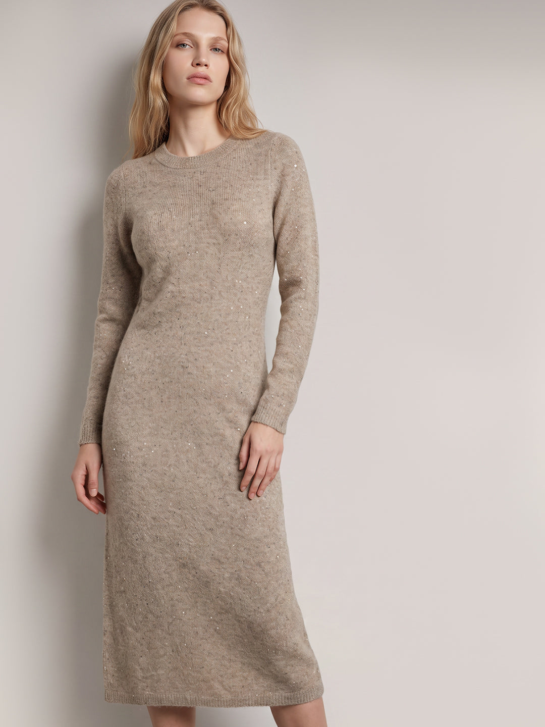 Light Beige O-Neck Midi Dress