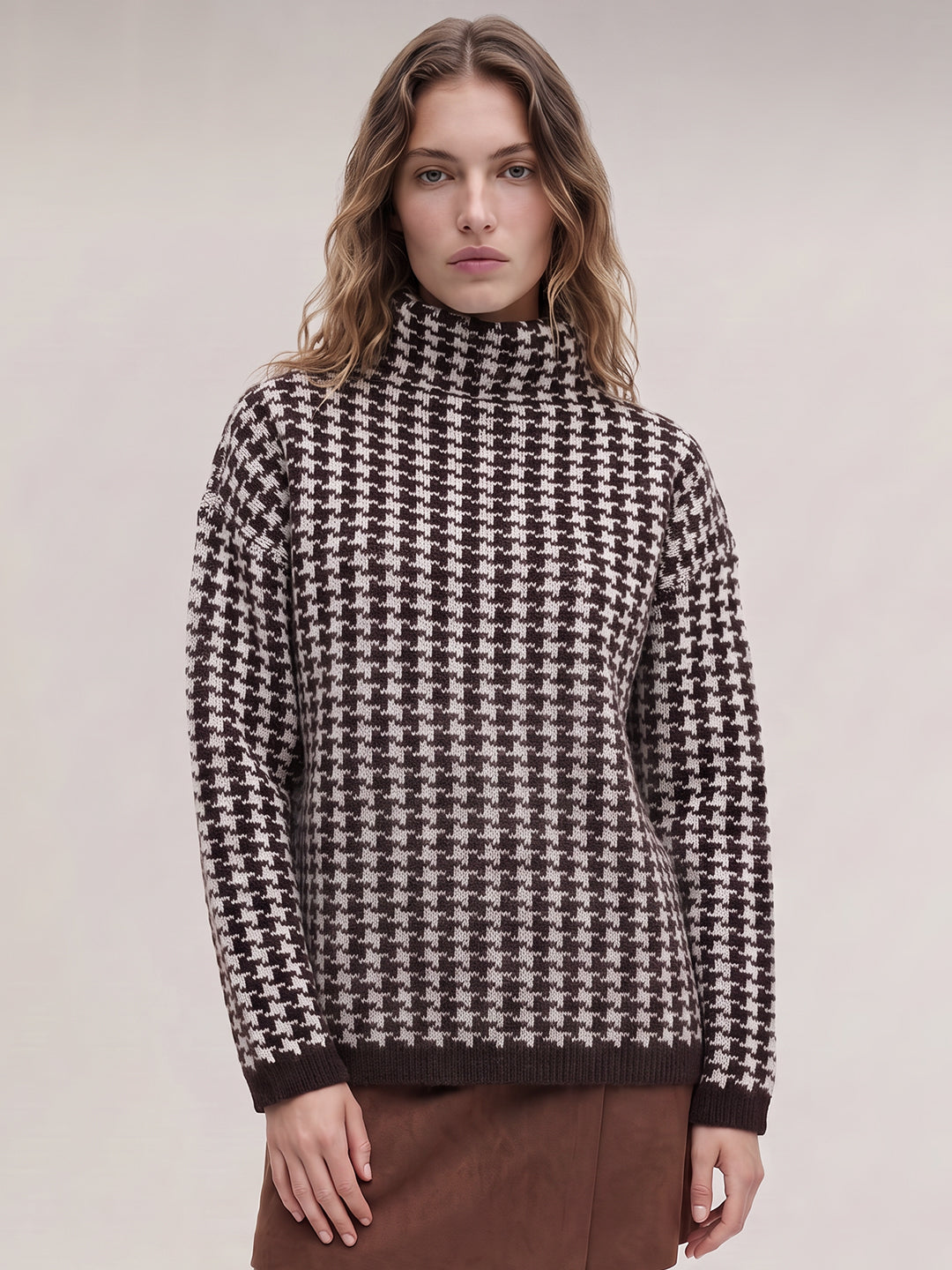 Brown Printed Funnel-Neck Pullover