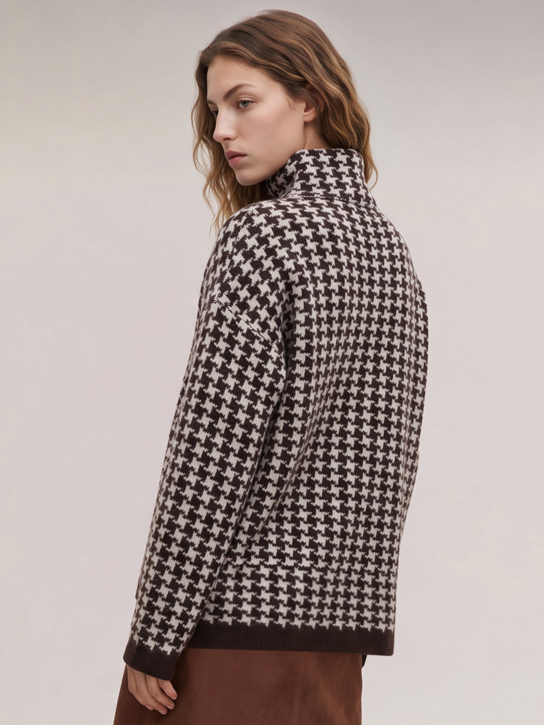 Brown Printed Funnel-Neck Pullover
