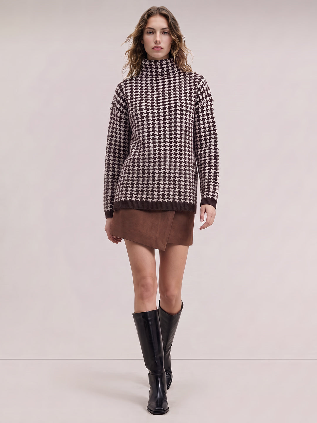 Brown Printed Funnel-Neck Pullover