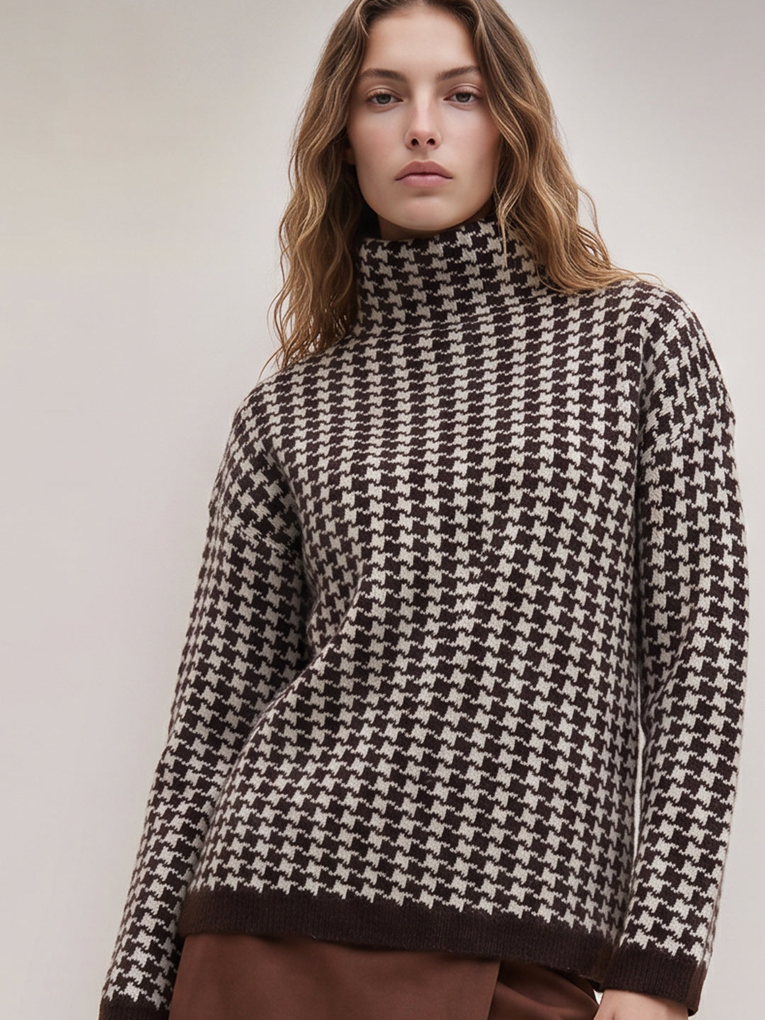 Brown Printed Funnel-Neck Pullover