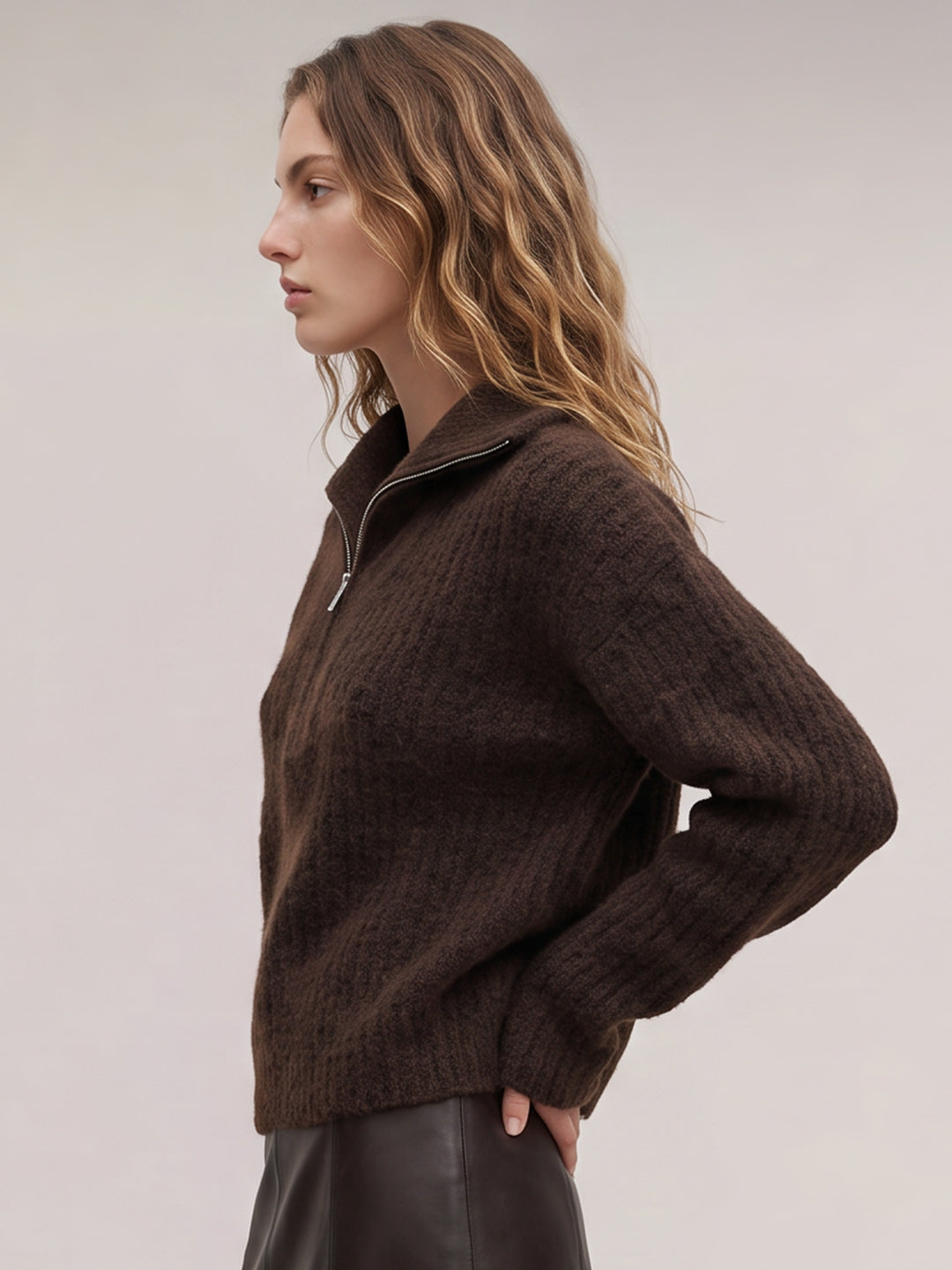 Brown Zip-Neck Pullover